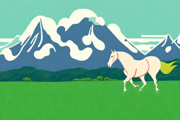 A horse galloping through a grassy landscape with the knysna mountains in the background