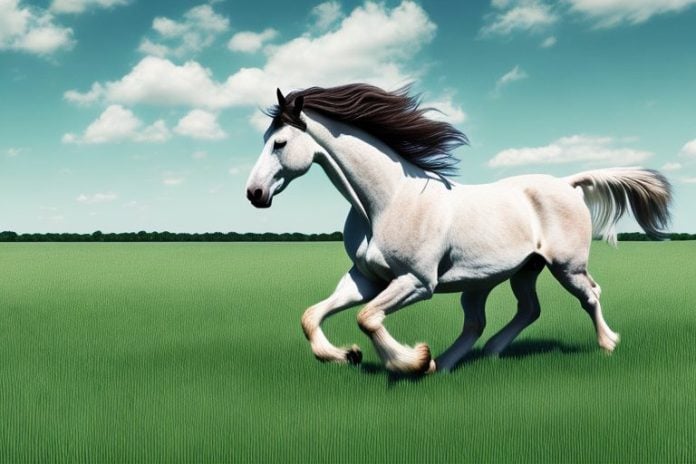 An american belgian draft horse galloping through a grassy field near richards bay