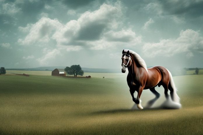 An american belgian draft horse being ridden in a rural landscape in uitenhage