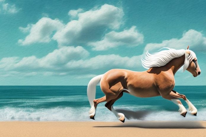 An american belgian draft horse galloping along a beach in jeffreys bay