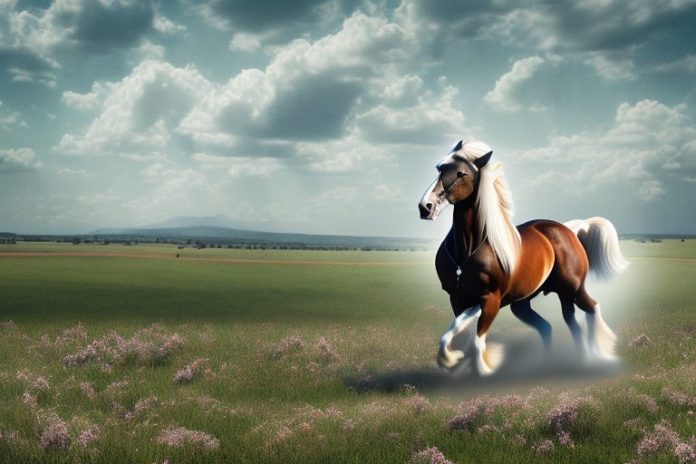 An american belgian draft horse being ridden in a rural landscape in bloemfontein
