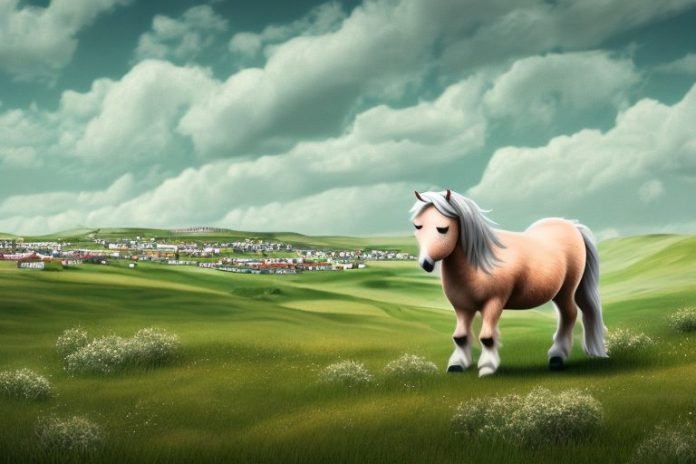 A shetland pony in a rural landscape