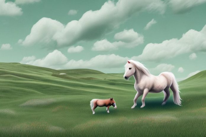 A shetland pony being ridden in a rural landscape