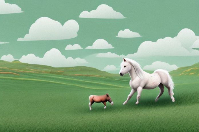 A shetland pony being ridden in a rural landscape