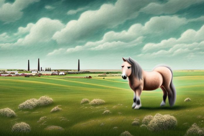 A shetland pony in a rural landscape
