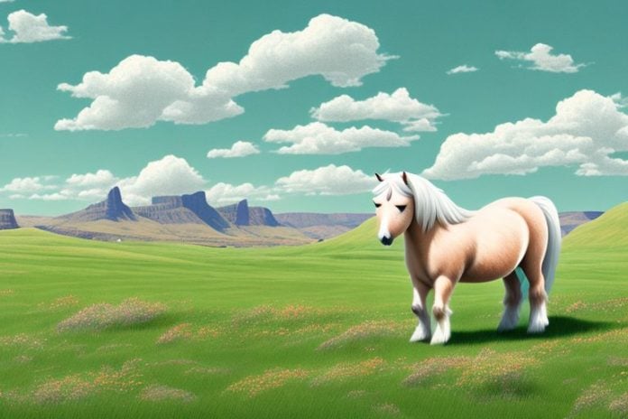 A shetland pony in a field with a colesberg landscape in the background