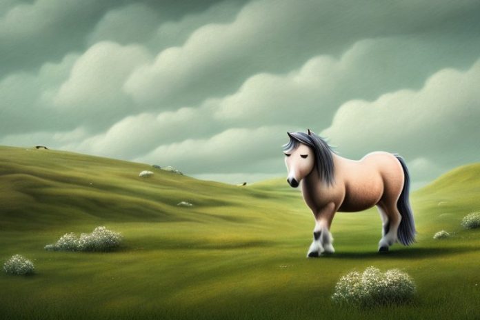 A shetland pony in a rural landscape