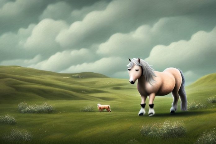 A shetland pony in a rural landscape