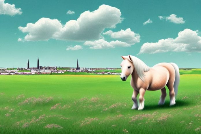 A shetland pony in a field