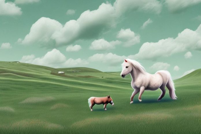 A shetland pony being ridden in a rural landscape