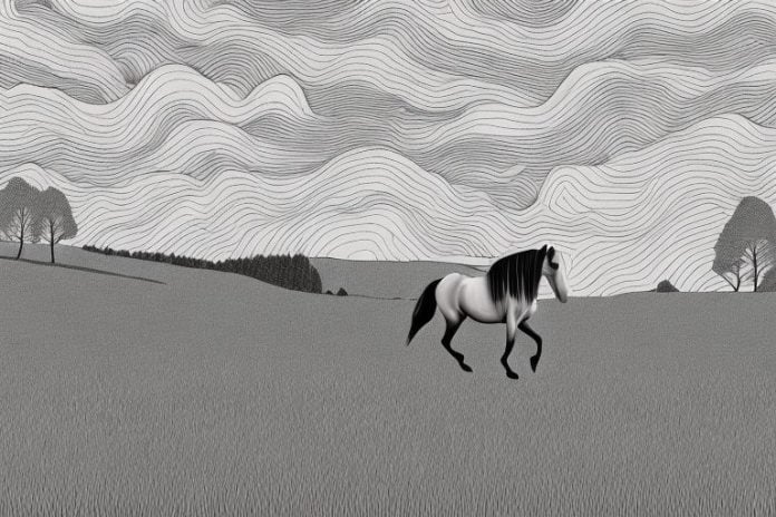 A horse walking through a rural landscape in ladysmith