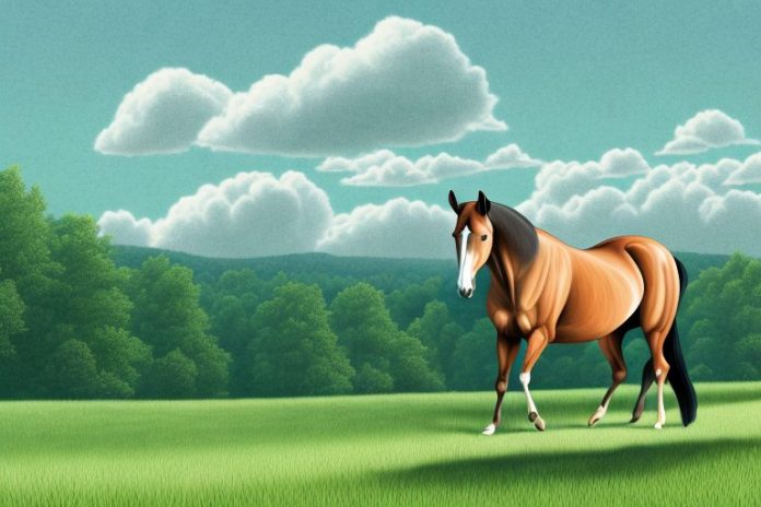 A tennessee walking horse in a rural setting with rolling hills and trees