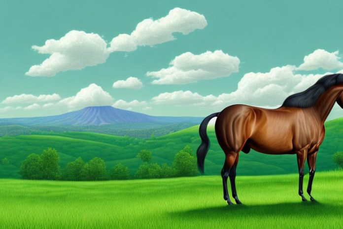 A tennessee walking horse in a rural setting with green hills in the background