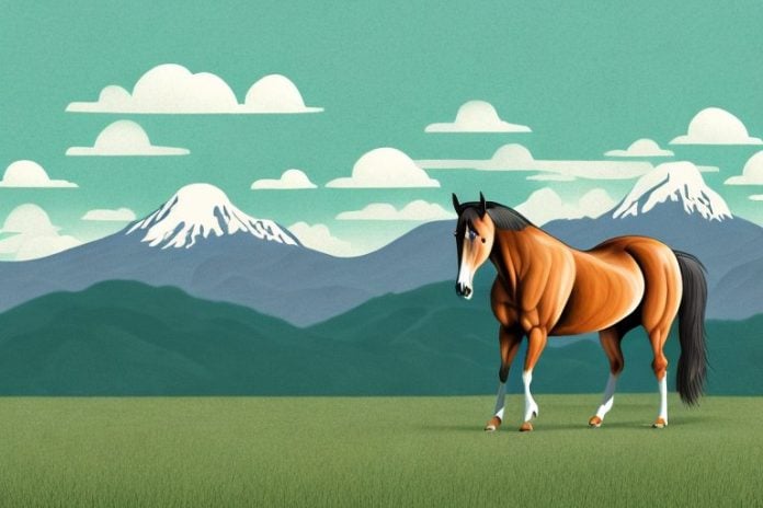A tennessee walking horse in a rural landscape with mountains in the background