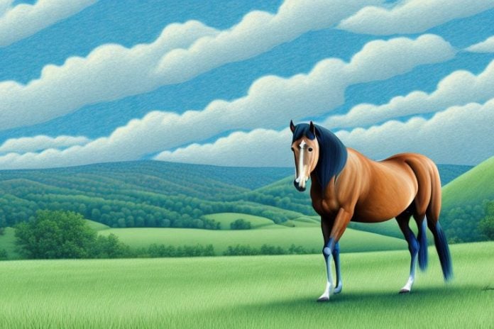 A tennessee walking horse in a rural setting with rolling hills and a blue sky