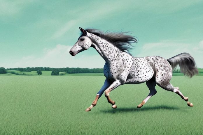 An appaloosa horse galloping in a field in ermelo