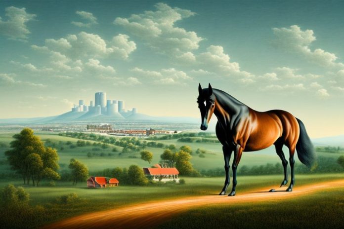 A tennessee walking horse in a rural landscape with a view of sasolburg in the background
