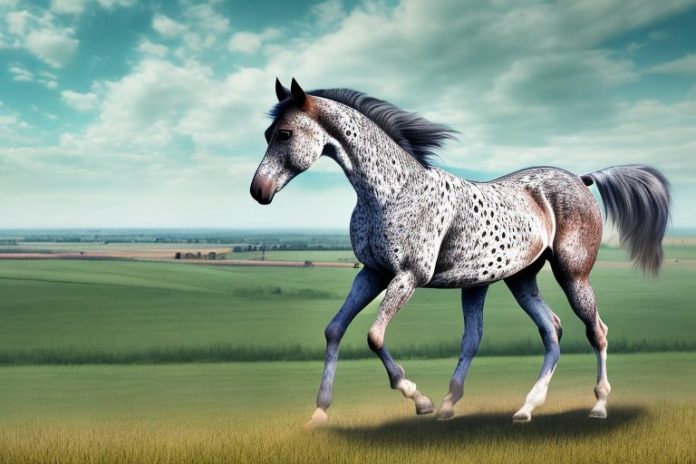 An appaloosa horse in a riding stance