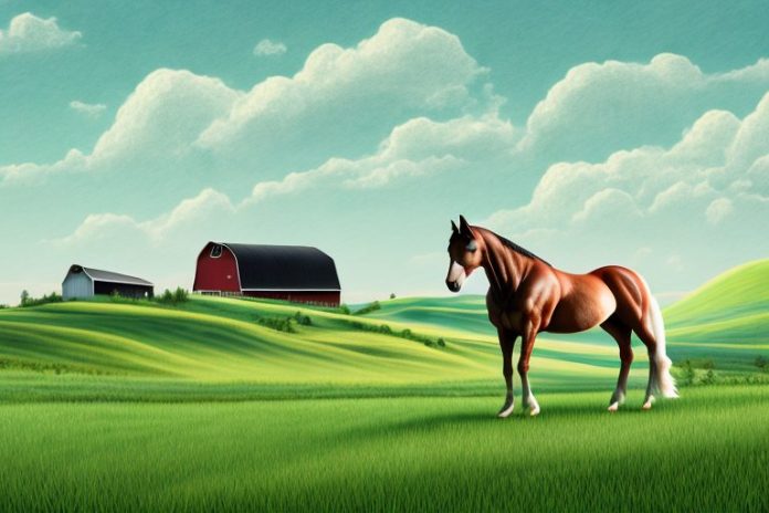A horse and rider in a rural landscape