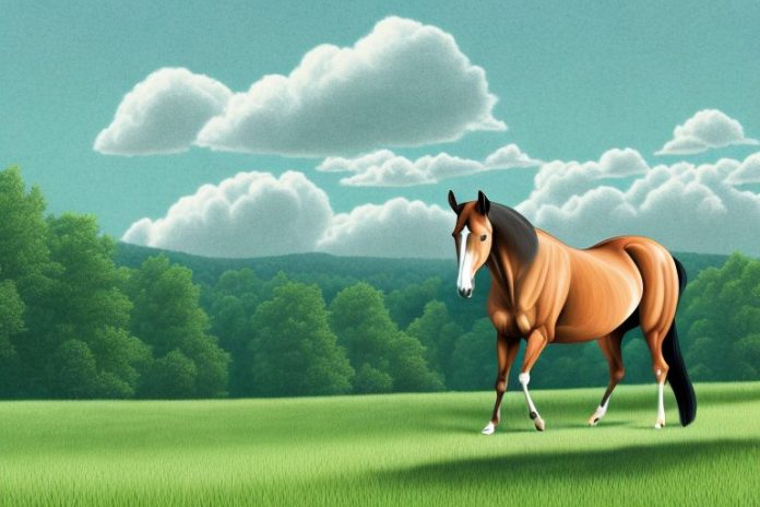 A tennessee walking horse in a rural setting with rolling hills and trees