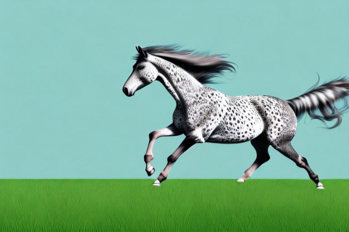 A majestic appaloosa horse galloping through a grassy landscape