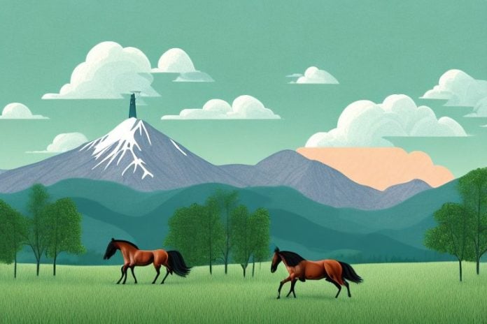 A tennessee walking horse in a rural landscape with trees and mountains in the background