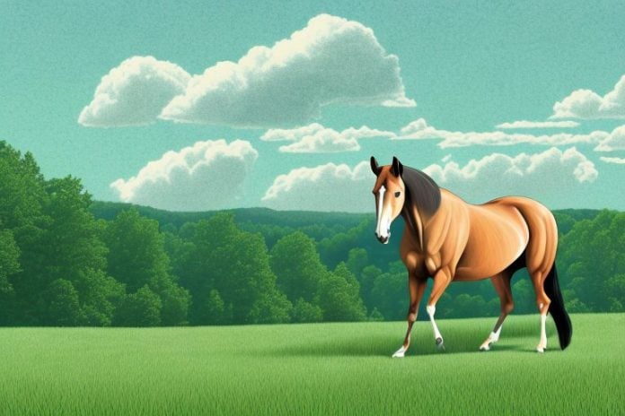 A tennessee walking horse in a rural landscape with rolling hills and trees