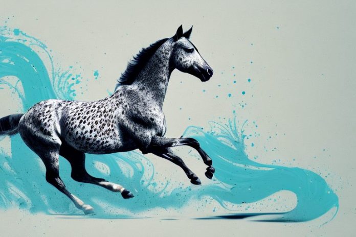 An appaloosa horse galloping through a white river