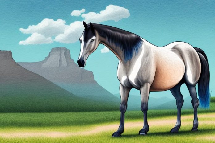 A tennessee walking horse in a rural setting with a mogwase landscape in the background