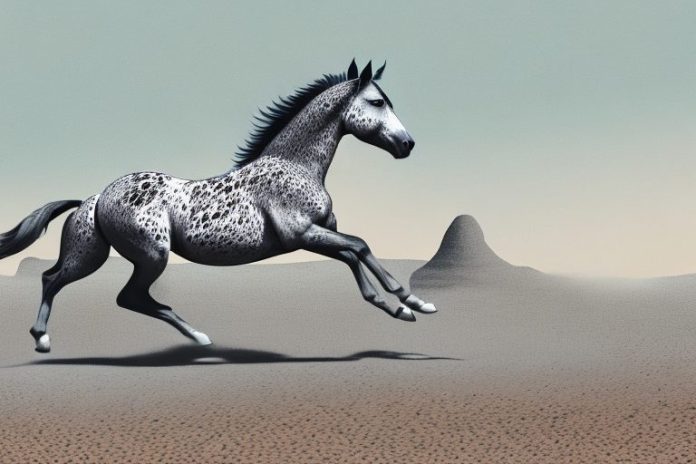 An appaloosa horse galloping through the desert landscape of upington
