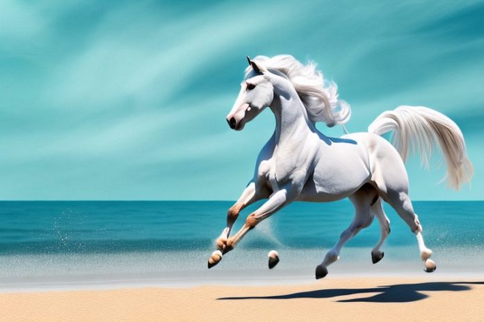 A majestic andalusian horse galloping along a beach in margate