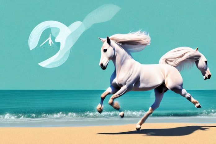 An andalusian horse galloping through a beach landscape