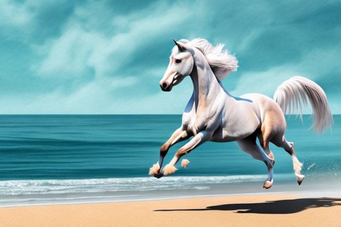 An andalusian horse galloping along a beach in ballito