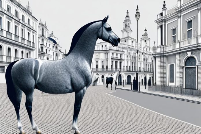An andalusian horse in a london street scene
