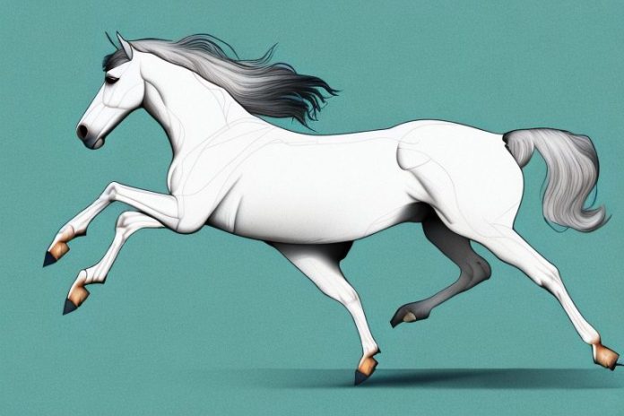 An andalusian horse galloping through a rural landscape