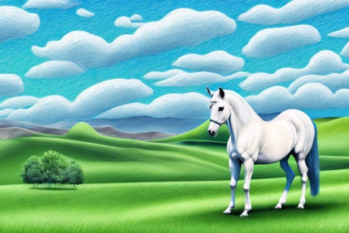 An andalusian horse in a rural landscape with rolling hills and a clear blue sky