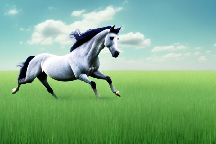 An andalusian horse galloping through a field of tall grass in roodepoort