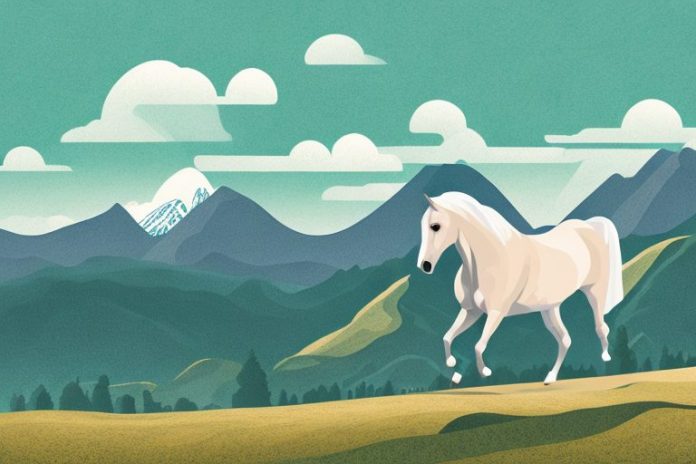 An andalusian horse in a rural landscape with mountains in the background