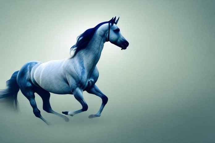 An andalusian horse galloping through a hazy landscape