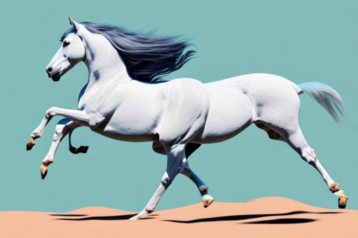 An andalusian horse galloping through a desert landscape