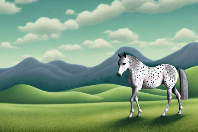 An appaloosa horse in a rural landscape with rolling hills and mountains in the background