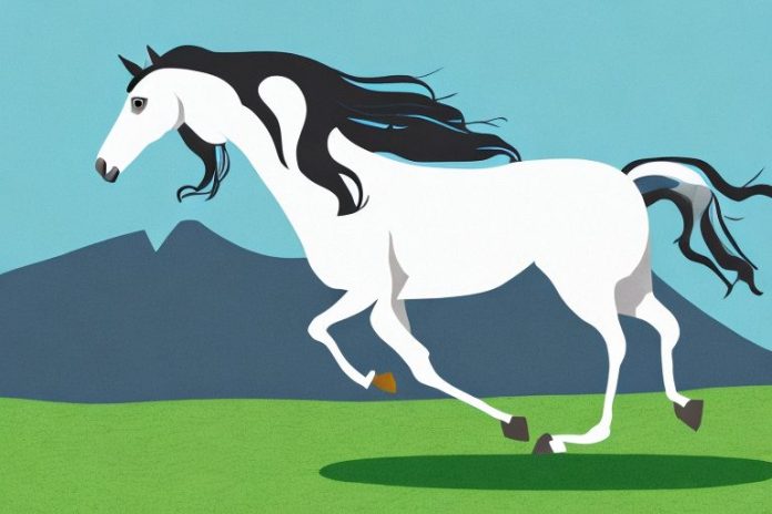 An andalusian horse galloping through a landscape of rolling hills in the western cape