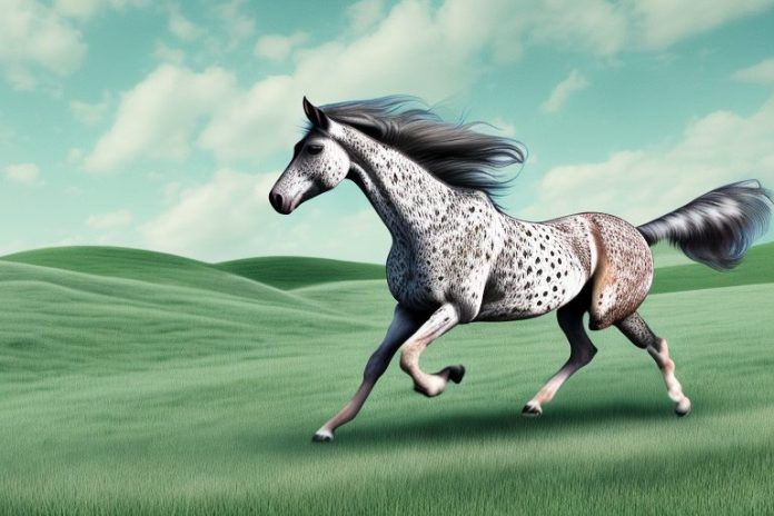 An appaloosa horse galloping through a landscape of rolling hills in prieska