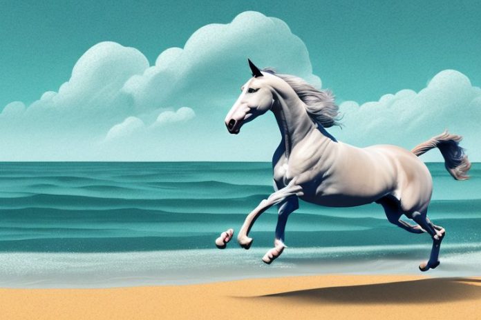A belgian warmblood horse galloping through a beach landscape in port shepstone