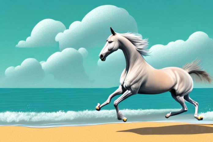 A belgian warmblood horse galloping through a beach setting in umhlanga