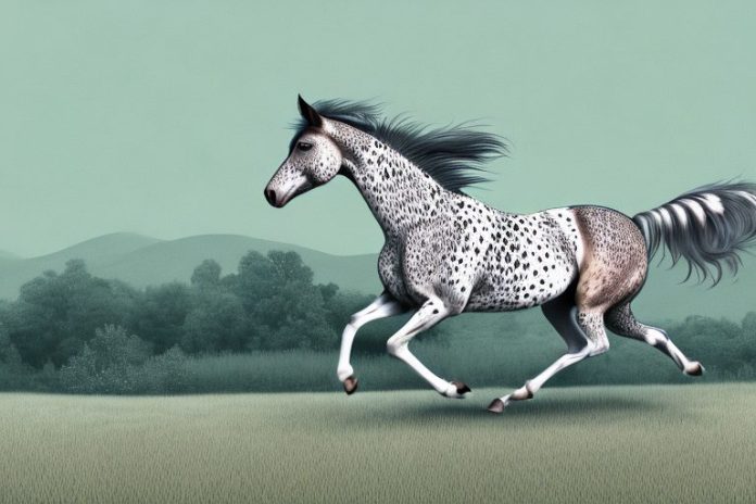 An appaloosa horse galloping in a rural landscape