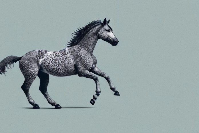 An appaloosa horse galloping through the orkney landscape