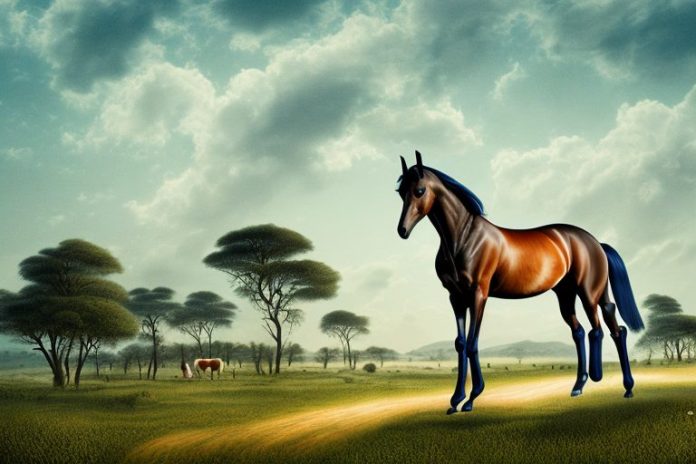 A belgian warmblood horse in a rural landscape in mpumalanga