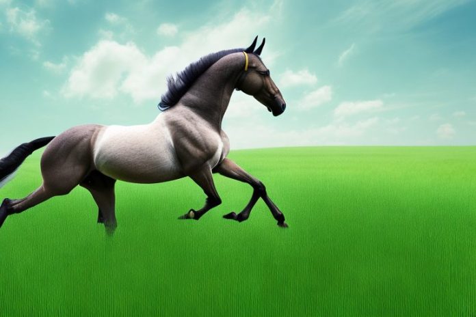 A belgian warmblood horse galloping in a field of lush grass in ermelo