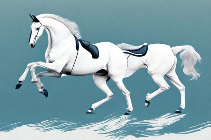 A belgian warmblood horse being ridden in a scenic white river landscape